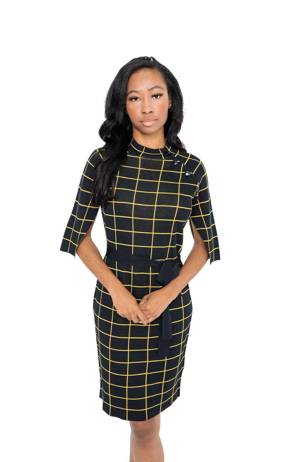 slim fit dress slacks Ivory Plaid Tweed Gold Button-Down Short Sleeve Mini Dress – Dazey Hill main image 0