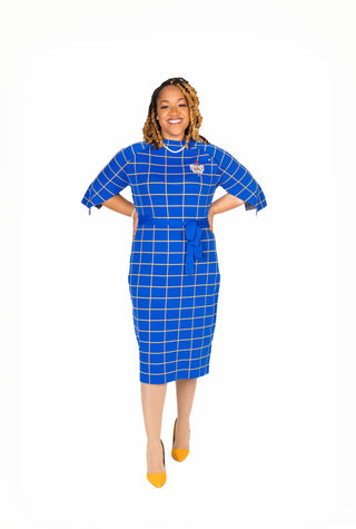 ΣΓΡ Blue Oxford Check Cape Sleeve Dress