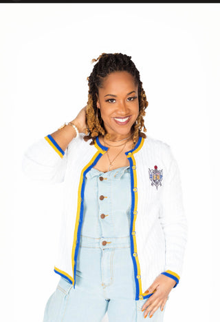 ΣΓΡ White/Gold/Blue Button Cable Sweater *Shield Only*