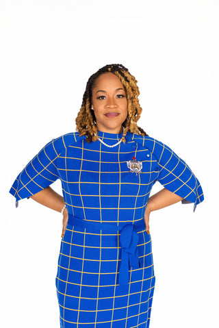 ΣΓΡ Blue Oxford Check Cape Sleeve Dress