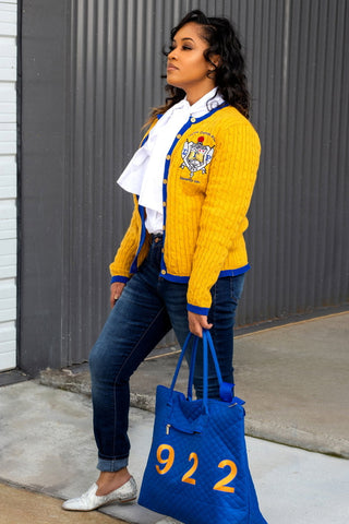 ΣΓΡ Gold/Blue Button Cable Sweater