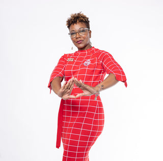 ΔΣΘ Red Oxford Check Cape Sleeve Dress