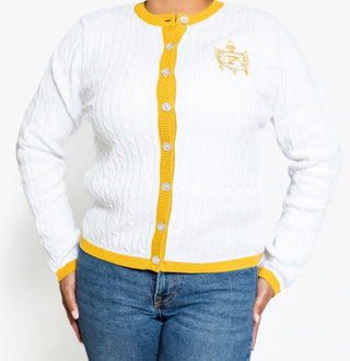 PHILO White/Gold/Blue Button Cable Sweater