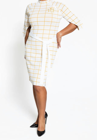PHILO White/Gold Oxford Check Cape Sleeve Dress