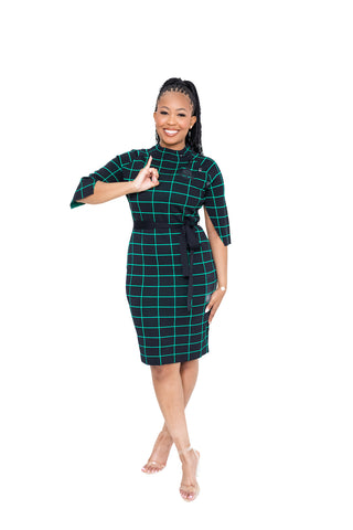 AKA Black/Green Oxford Check Cape Sleeve Dress