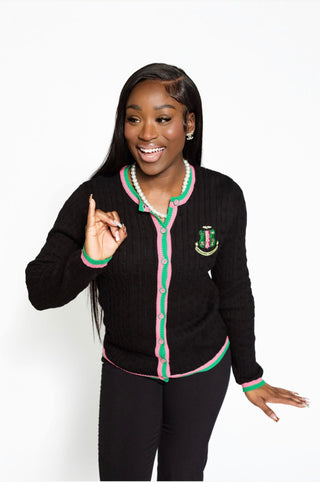 AKA Black/Pink/Green Button Cable Sweater