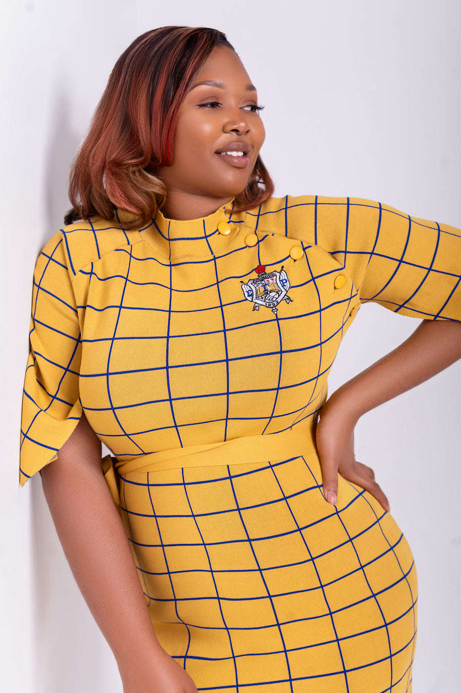 Gold Oxford Check Cape Sleeve Dress Kendalls Greek Gold Oxford Check Cape Sleeve Dress Kendalls Greek