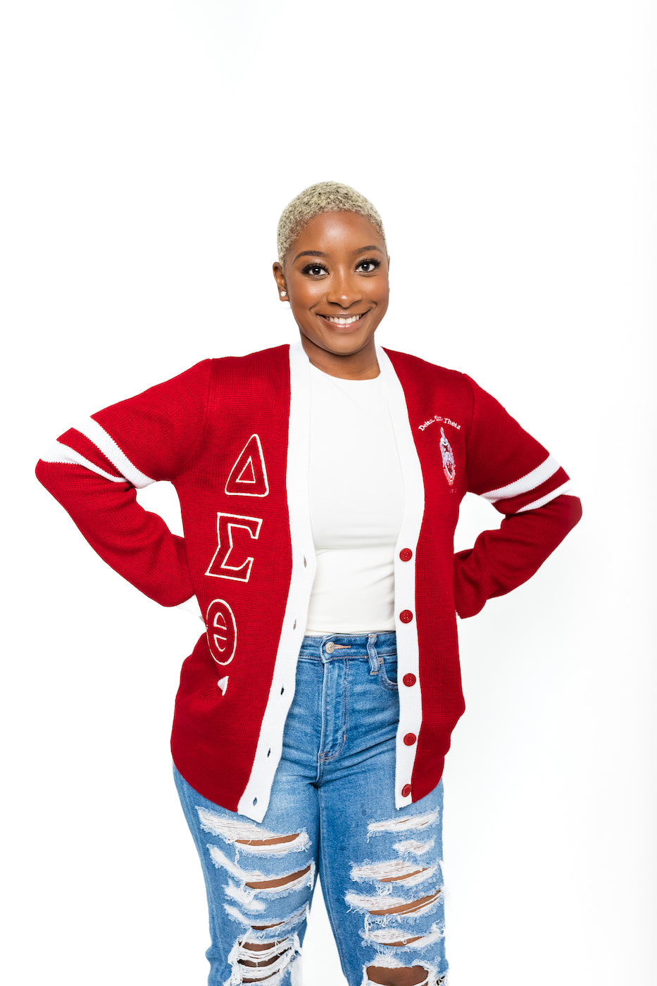 red dress white cardigan Red and White Cardigan Sweater Olafemi